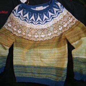 Nordic Style Pullover Sweater NWT Teal Blue with green & winter white VEGAN